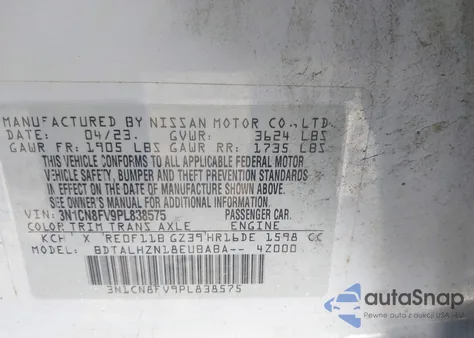 2023 Nissan Versa 1.6 Sr Xtronic Cvt z USA, uszkodzony, nr VIN 3N1CN8FV9PL838575